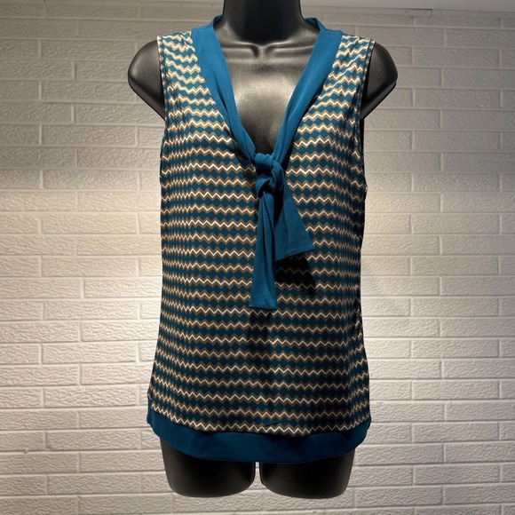 Banana Republic Tops - Banana Republic Petite Tank‎ Top Sleeveless Blouse Tie Neck Teal Zigzag